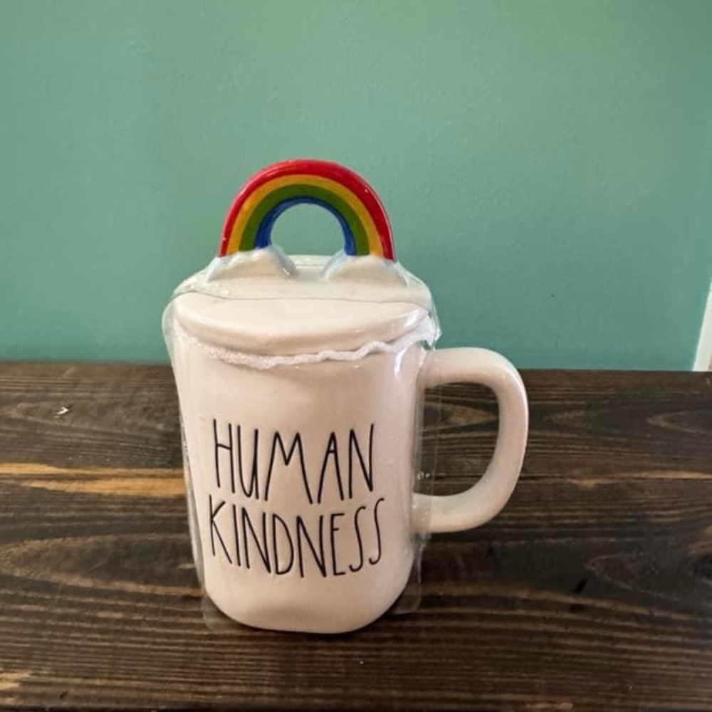 Rae Dunn human kindness mug with rainbow lid